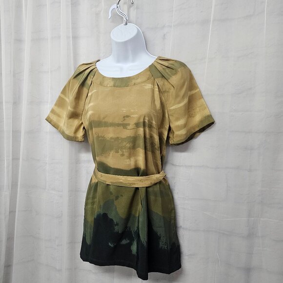 Simply Vera Vera Wang Blouse Green Grunge Ombre Pleated Belted 4 - Picture 5 of 10